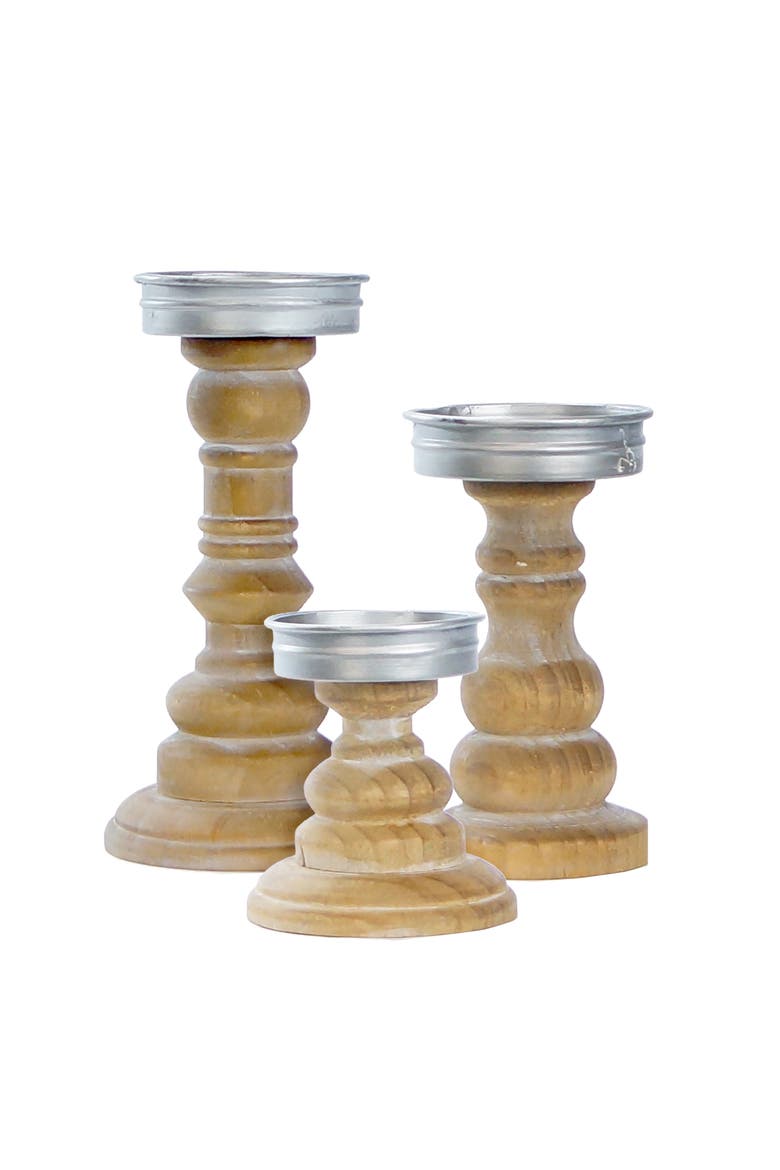 Wood Brown Turned Tapered Candle Holders, 8 Inch Decorative Candle Holder Set of 3, Main, color, Brown