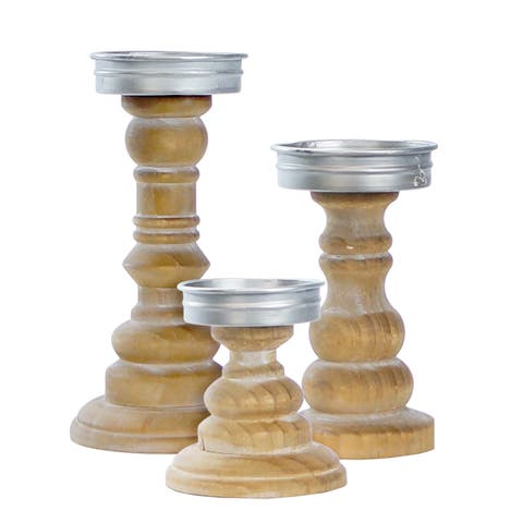 Wood Brown Turned Tapered Candle Holders, 8 Inch Decorative Candle Holder Set of 3