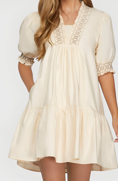 Modenaire Smocked Sleeve Mini Dress With Embroidered Neckline And Tiered Hem In White
