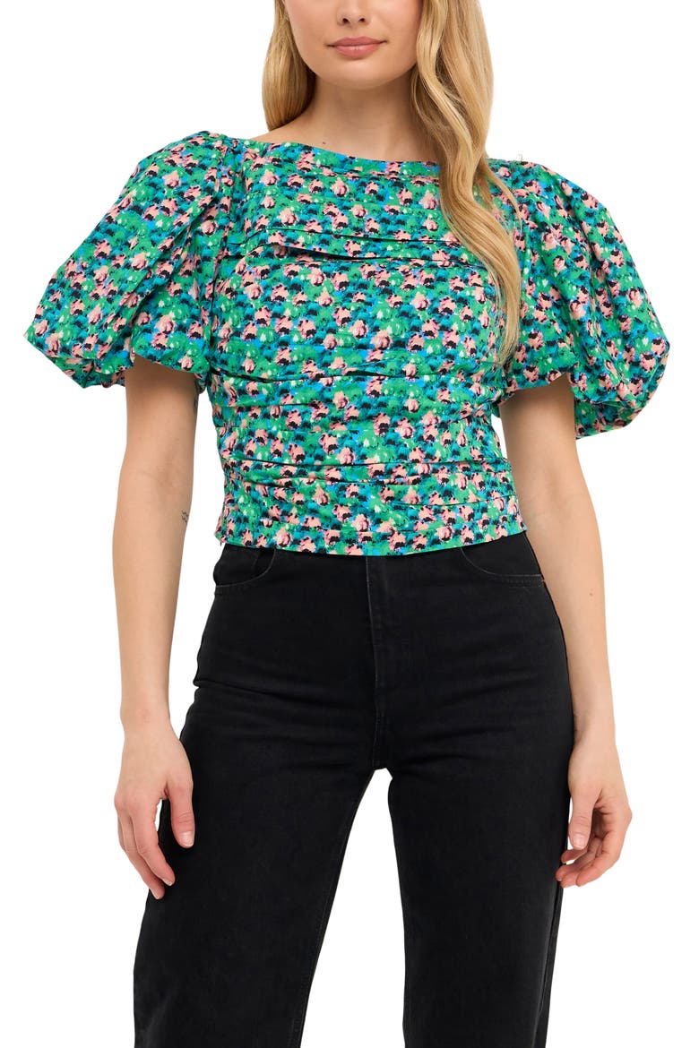 Floral Print Gathered Puff Sleeve Cotton Poplin Blouse, Alternate, color, AQUA MULTI