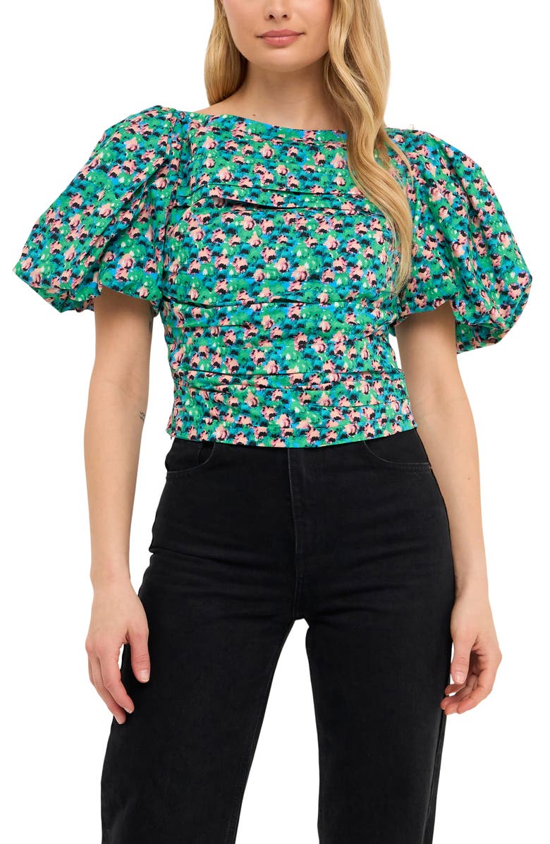 Endless Rose Floral Print Gathered Puff Sleeve Cotton Poplin Blouse, Alternate, color, Aqua Multi