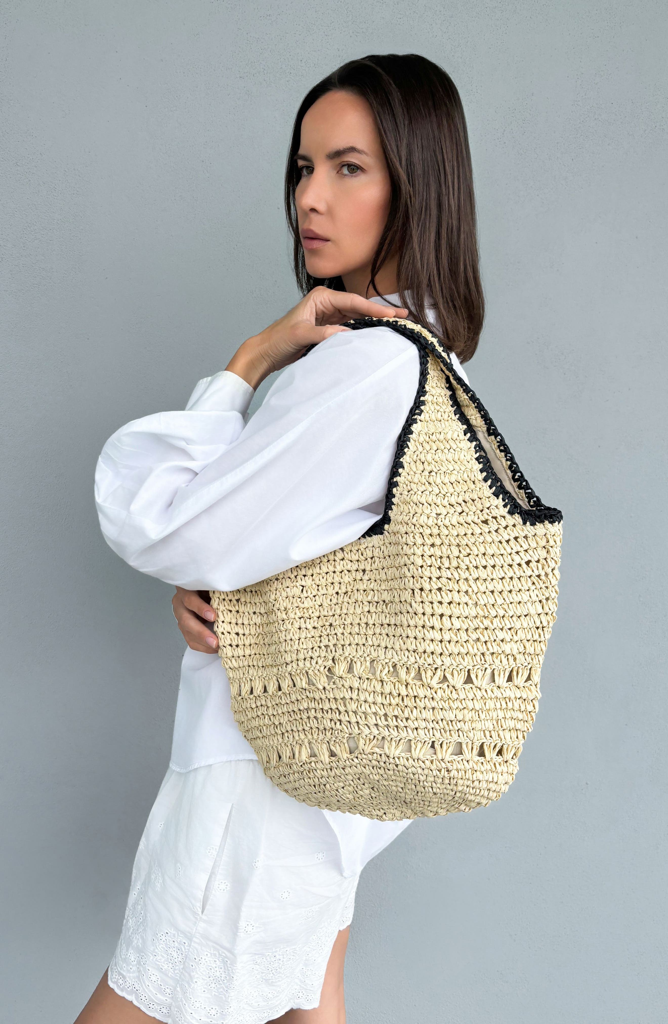 Adornia Oversized Raffia Hobo Shoulder Bag, Alternate, color, White/ Black