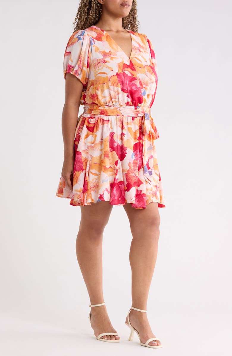 SUGARLIPS Floral Print Surplice Minidress, Alternate, color, Coral