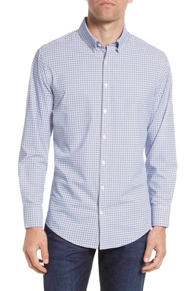 Monaco Neat Performance Button-Up Shirt, Main, color, BLUE RED GEO PINT