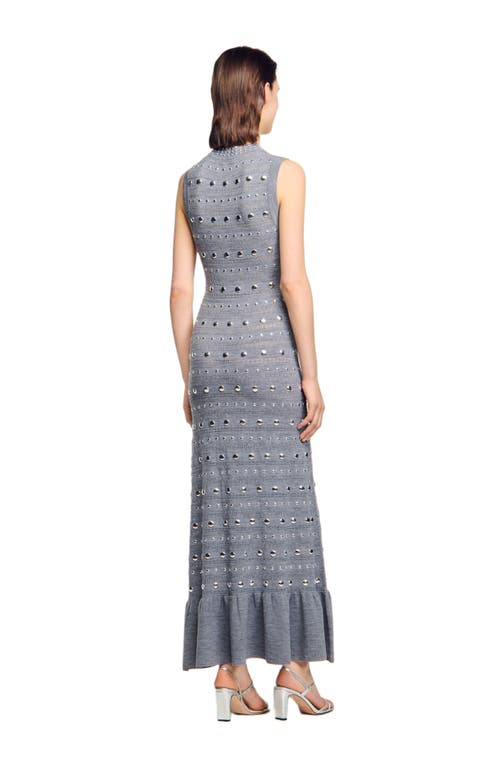 Sandro Womens Grey Studded Ruffled-hem Stretch Pointelle-knit Maxi Dress In Gray