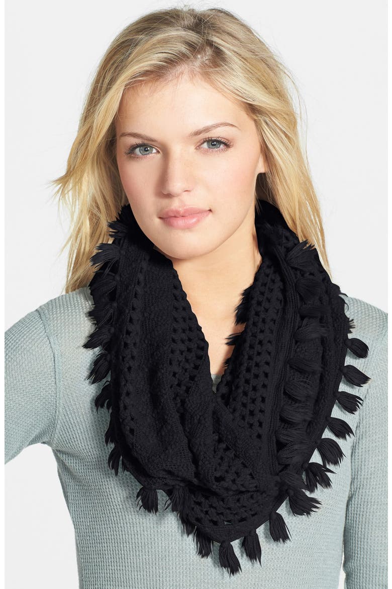 Tassel Open Knit Infinity Scarf, Main, color, BLACK