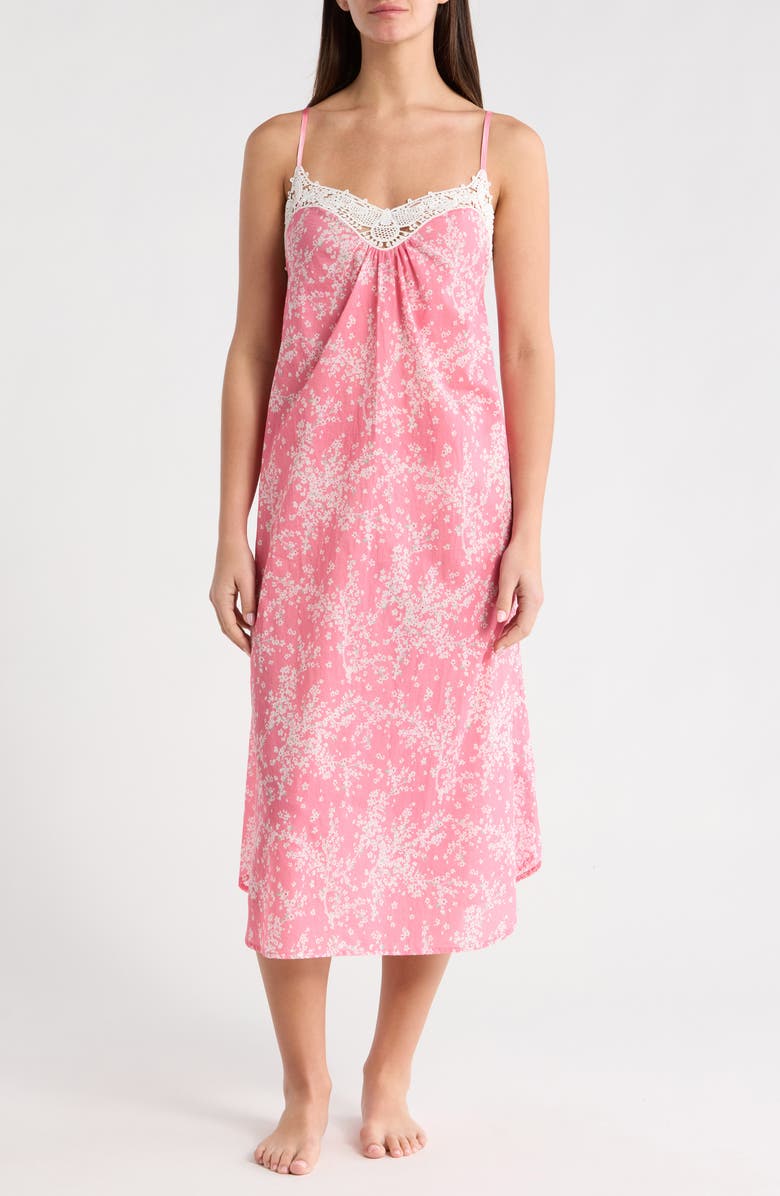 Papinelle Cheri Blossom Lace Trim Cotton Nightgown, Main, color, Pink Lemonade