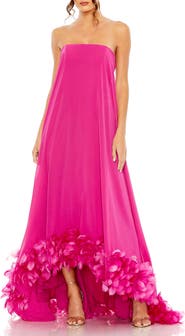 Mac Duggal Women's Chiffon Strapless High Low Feather Hem Gown