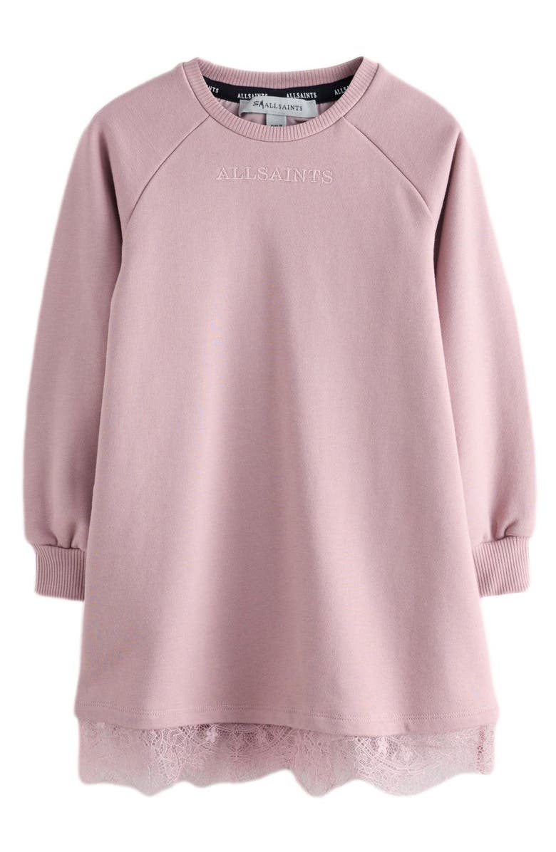 smALLSAINTS by ALLSAINTS Kids' Lee Lace Trim Long Sleeve Sweatshirt Dress, Main, color, Pink