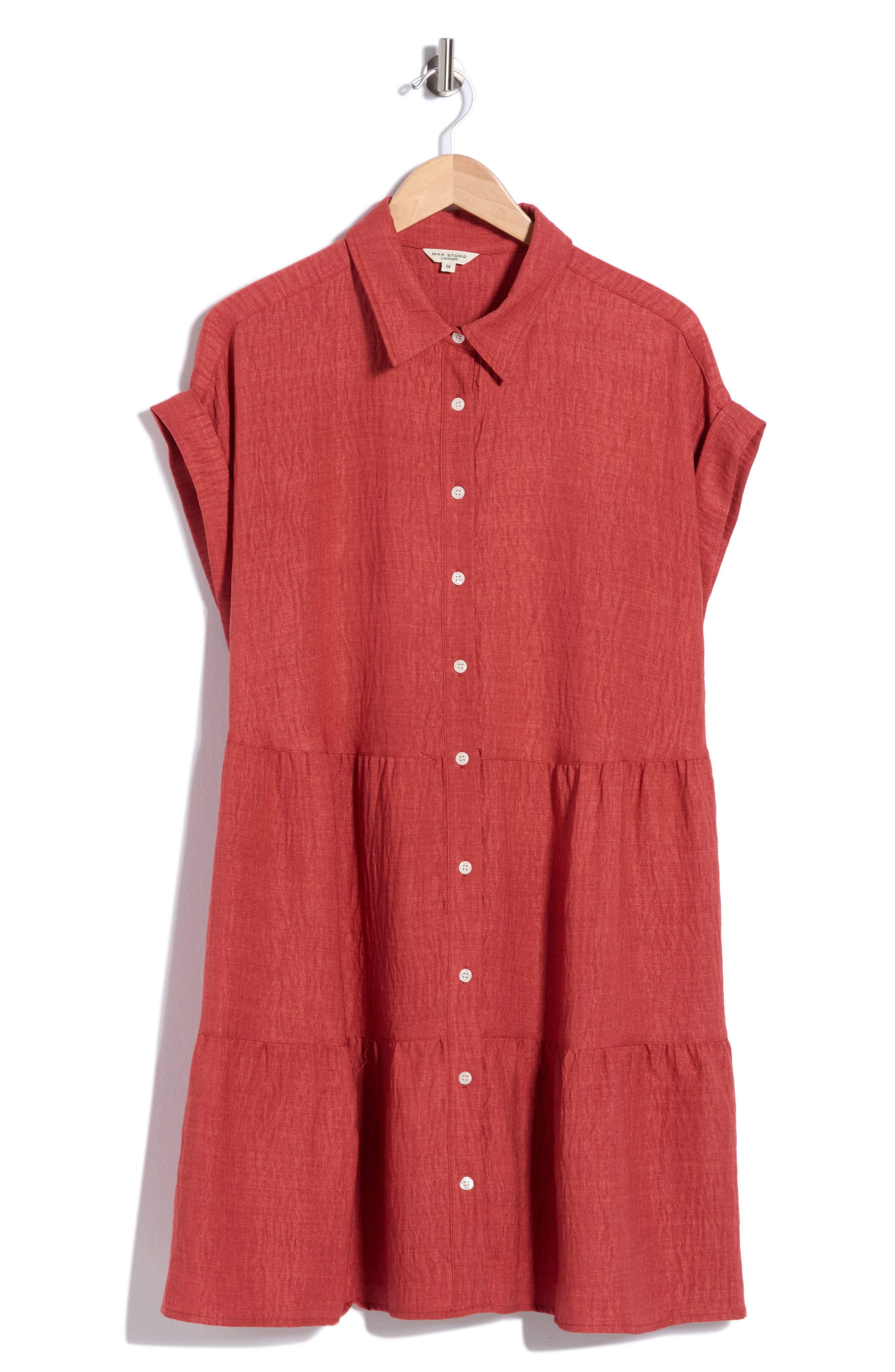 Rolled Short Sleeve Tiered Shirtdress