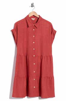 Rolled Short Sleeve Tiered Shirtdress