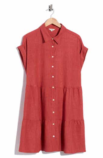 Rolled Short Sleeve Tiered Shirtdress