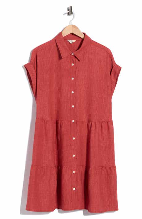 Rolled Short Sleeve Tiered Shirtdress