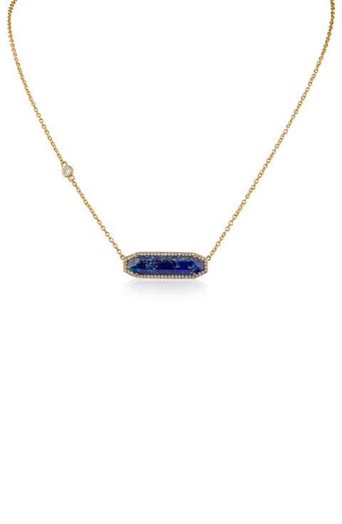 Lapis Lazuli & Cubic Zirconia Horizontal Bar Pendant Necklace