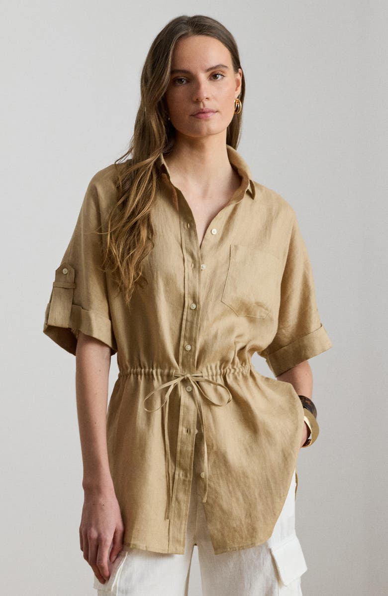 Lauren Ralph Lauren Linen Roll-Tab Sleeve Tunic, Alternate, color, Birch Beige