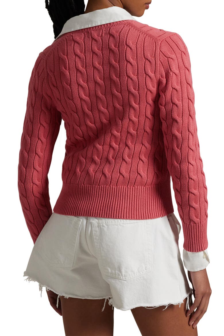 Cable Knit Cotton Crewneck Cardigan, Alternate, color, RED SKY