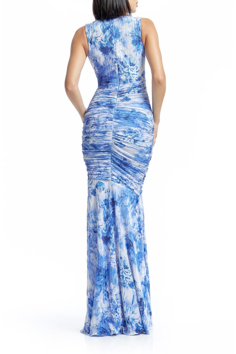 Violetta Plissé Floral Print Trumpet Gown, Alternate, color, CERULEAN BLUE MULTI