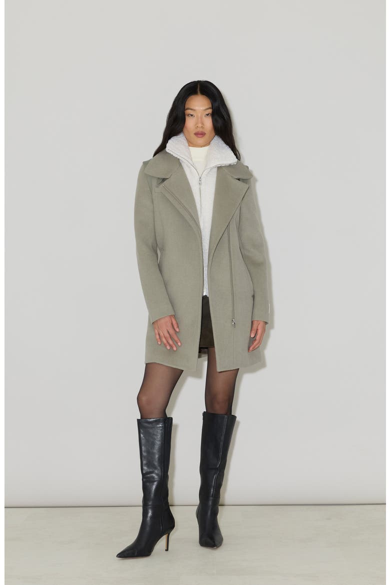 Kiana Mixed Media Wool Blend & Leather Coat, Alternate, color, SAGEBRUSH