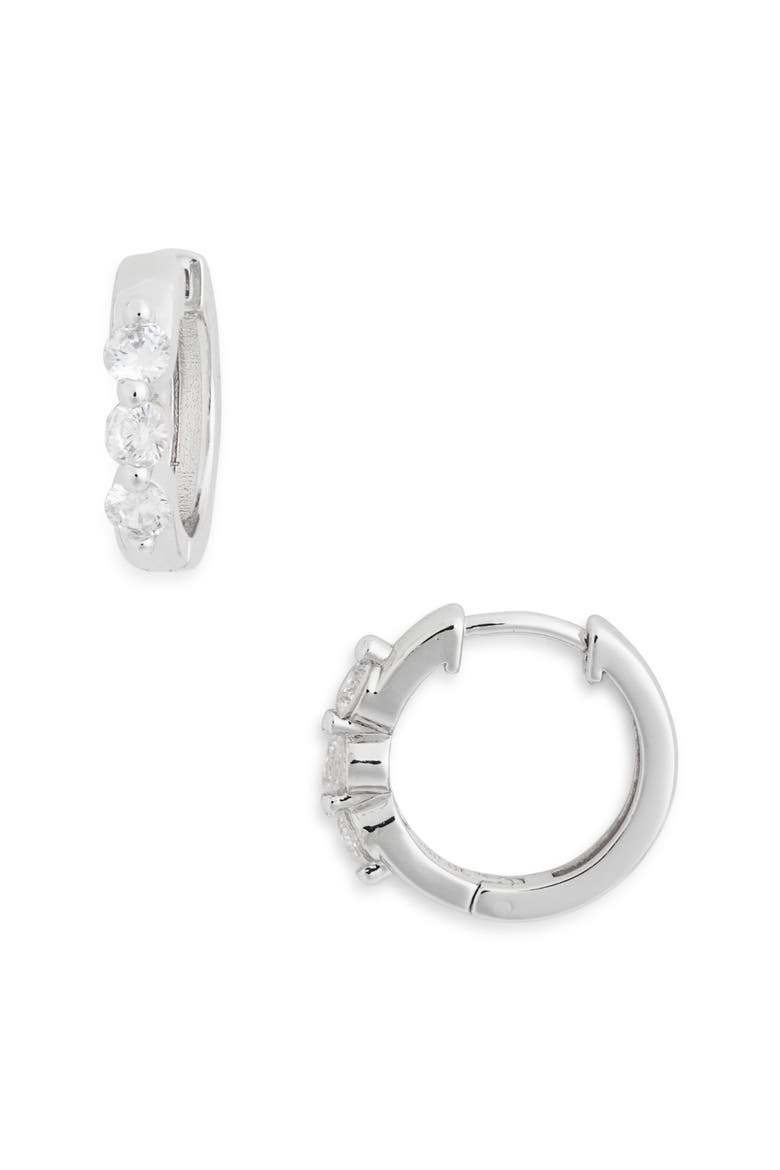 Normani Cubic Zirconia Polished Huggie Hoop Earrings, Main, color, SILVER