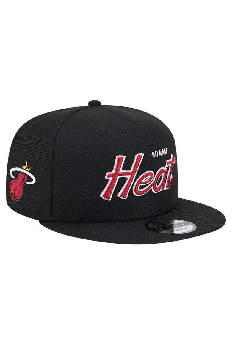 Men's New Era Black Miami Heat Evergreen Script Side Patch 9FIFTY Snapback Hat, Main, color, Black
