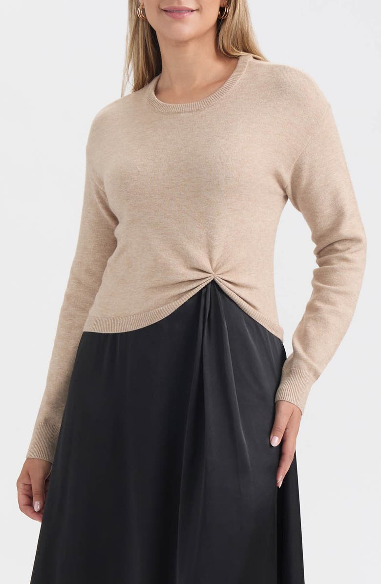 Ellen Tracy Long Sleeve Mixed Media Rib & Satin Maxi Dress, Main, color, Taupe Mix