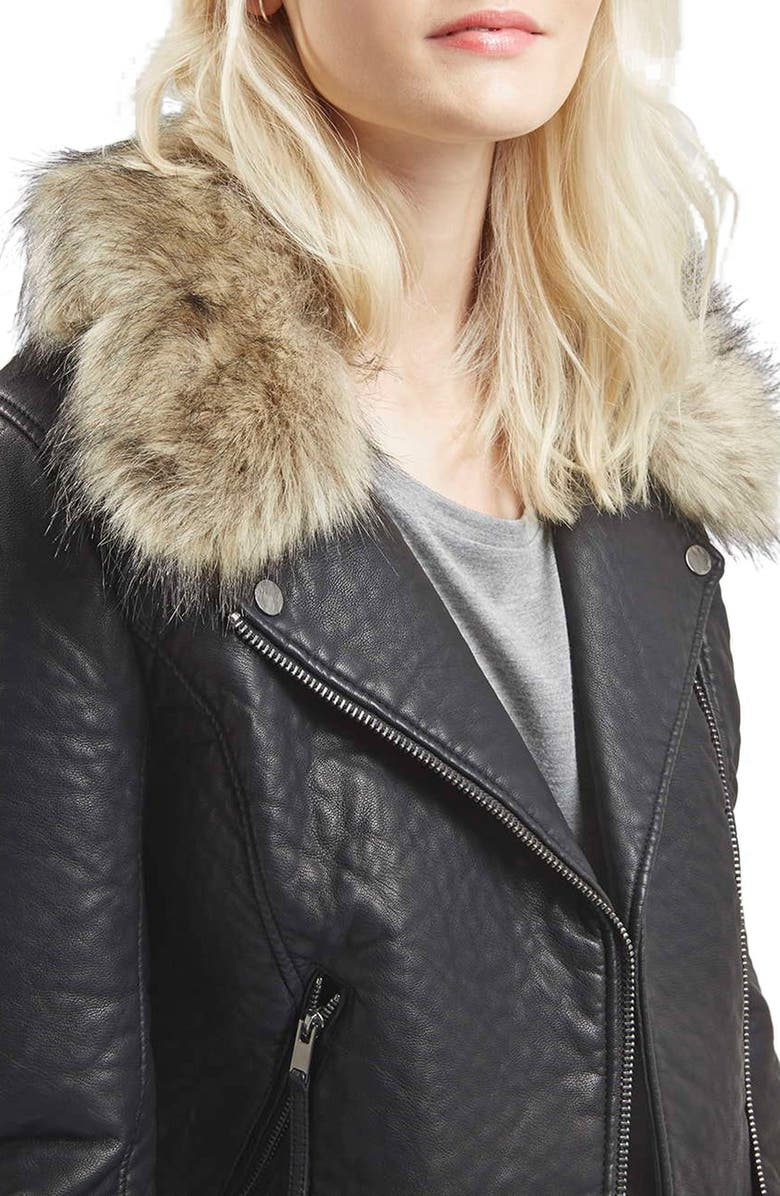 Topshop Faux Leather Moto Jacket with Removable Faux Fur Collar, Alternate, color, 