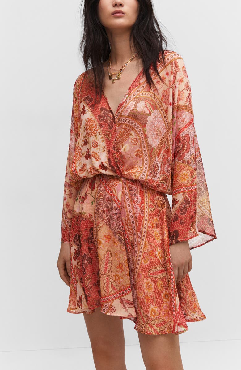 MANGO Print Long Sleeve Chiffon Minidress, Alternate, color, 