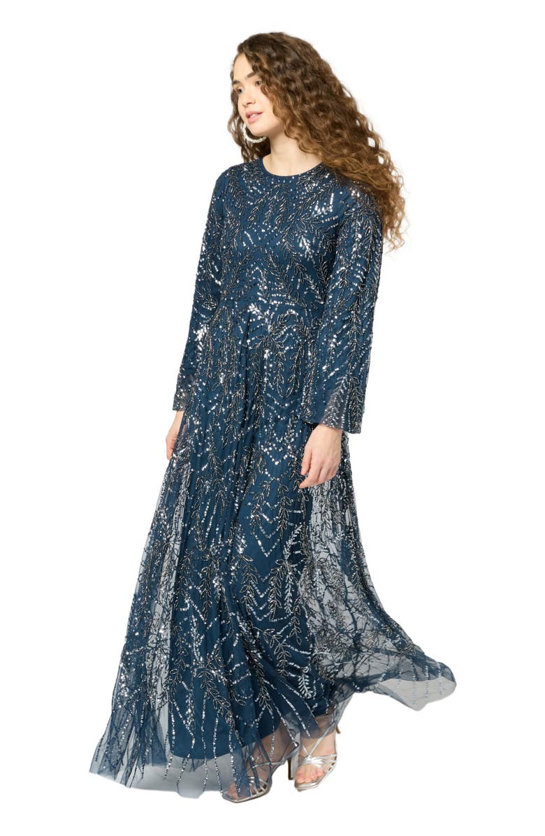 MARYISA Occasion Modest Embellished Sequin Beaded Floral Long Sleeves Evening Maxi Dress, Alternate, color, Navy