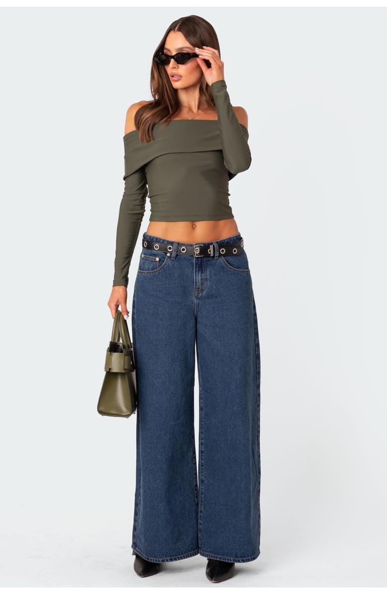EDIKTED Brea Foldover Off the Shoulder Long Sleeve Crop Top, Alternate, color, Olive