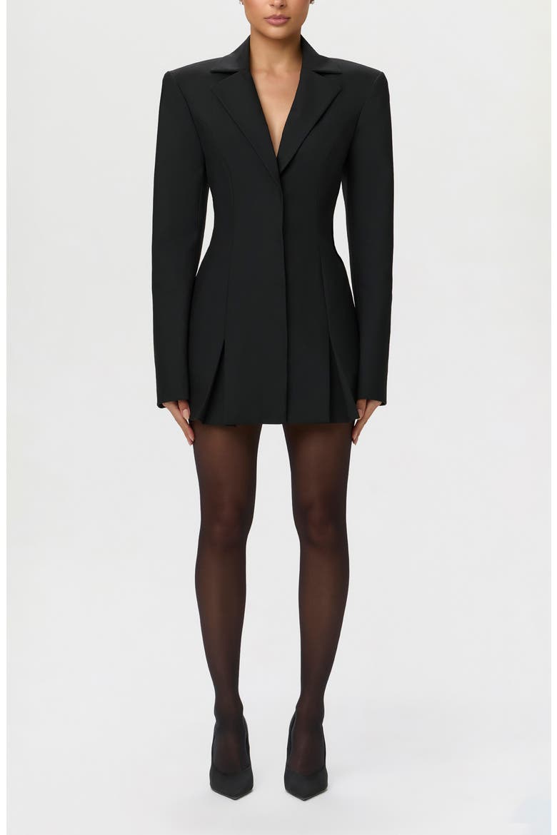 Pleated Long Sleeve Suiting Blazer Minidress, Main, color, BLACK