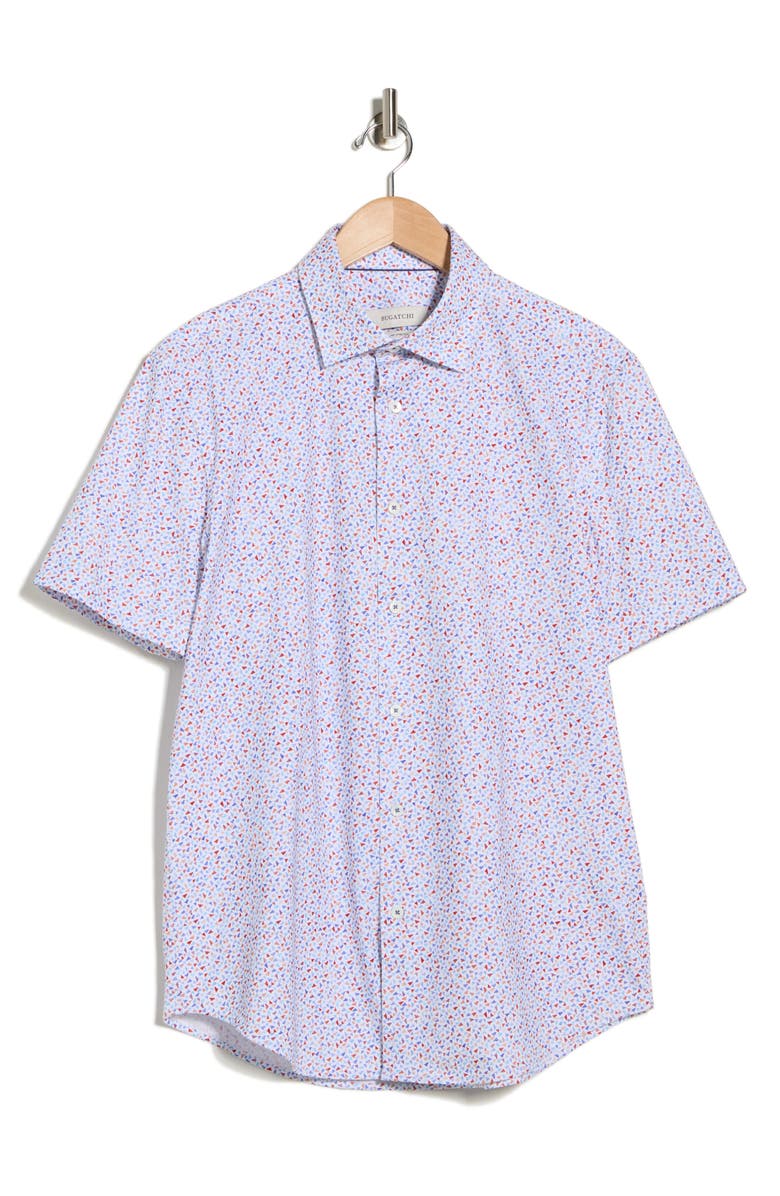 Bugatchi Print Short Sleeve Button-Up Shirt, Main, color, Pimento