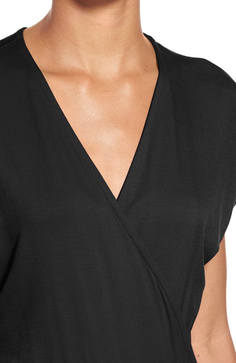 Loveappella Short Sleeve Wrap Top Jumpsuit, Alternate, color, Black