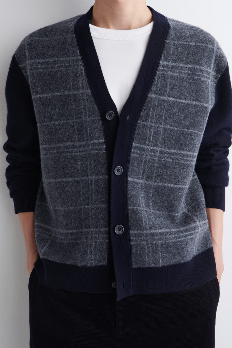 Checked Wool V-Neck Cardigan, Alternate, color, NAVY / CHECKED