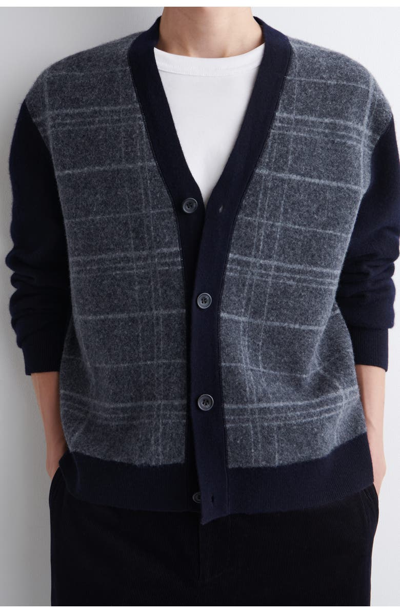 COS Checked Wool V-Neck Cardigan, Alternate, color, Navy / Checked