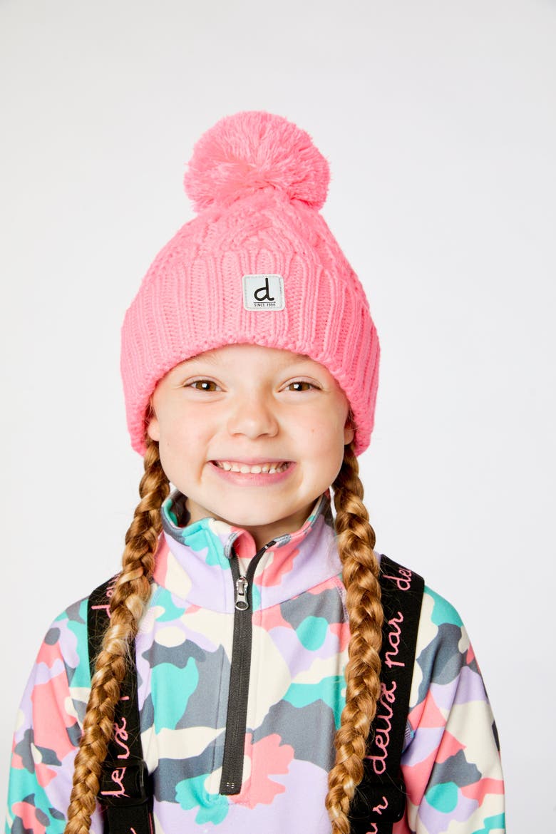 Winter Cable Pattern Fleece-Lined Pompom Knit Hat, Alternate, color, Neon Coral