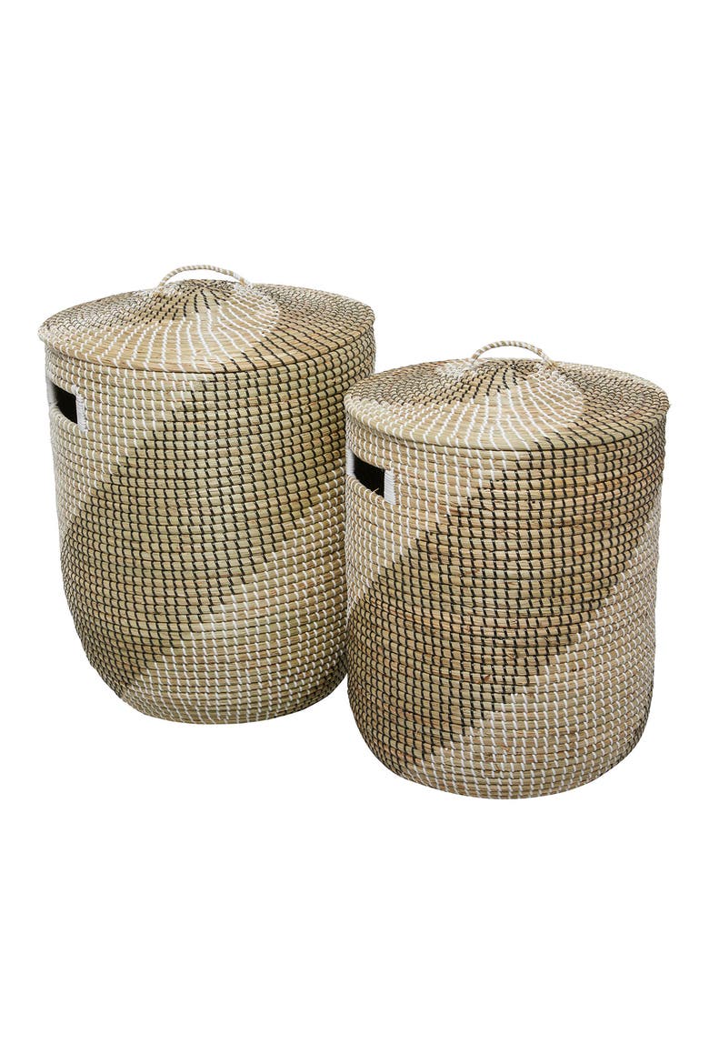 Brown Seagrass Handmade Two-Tone Storage Basket with Matching Lid - Set of 2, Main, color, BROWN