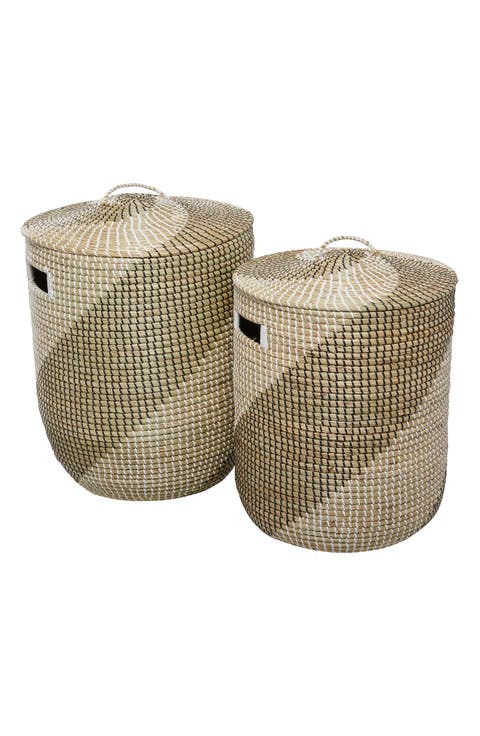 Brown Seagrass Handmade Two-Tone Storage Basket with Matching Lid - Set of 2