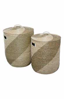 GINGER BIRCH STUDIO Brown Seagrass Handmade Two-Tone Storage Basket with Matching Lid - Set of 2