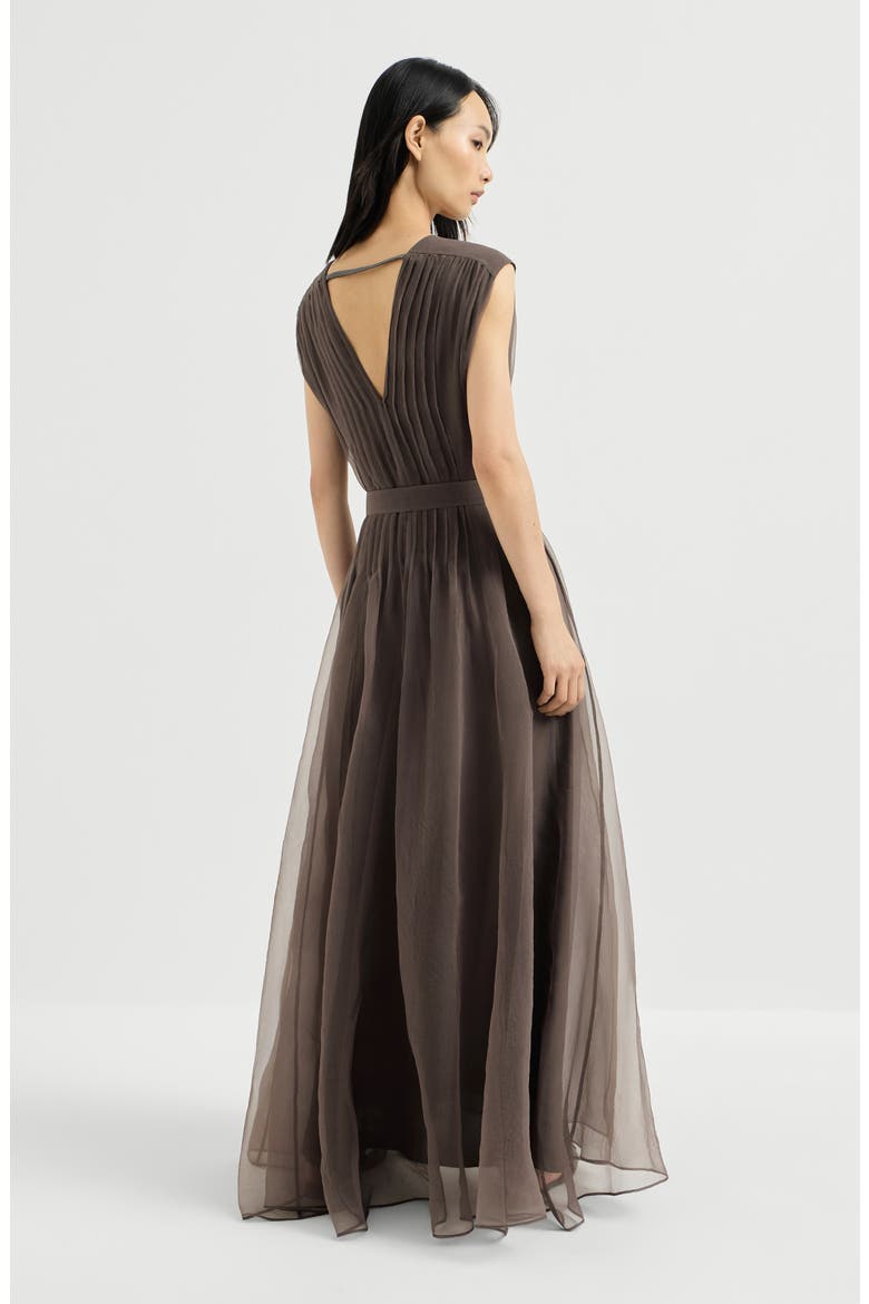Crispy silk belted dress with pleated detail and precious strap, Alternate, color, Brown