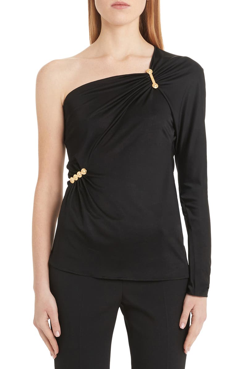 Versace Safety Pin Detail One-Shoulder Top, Main, color, 