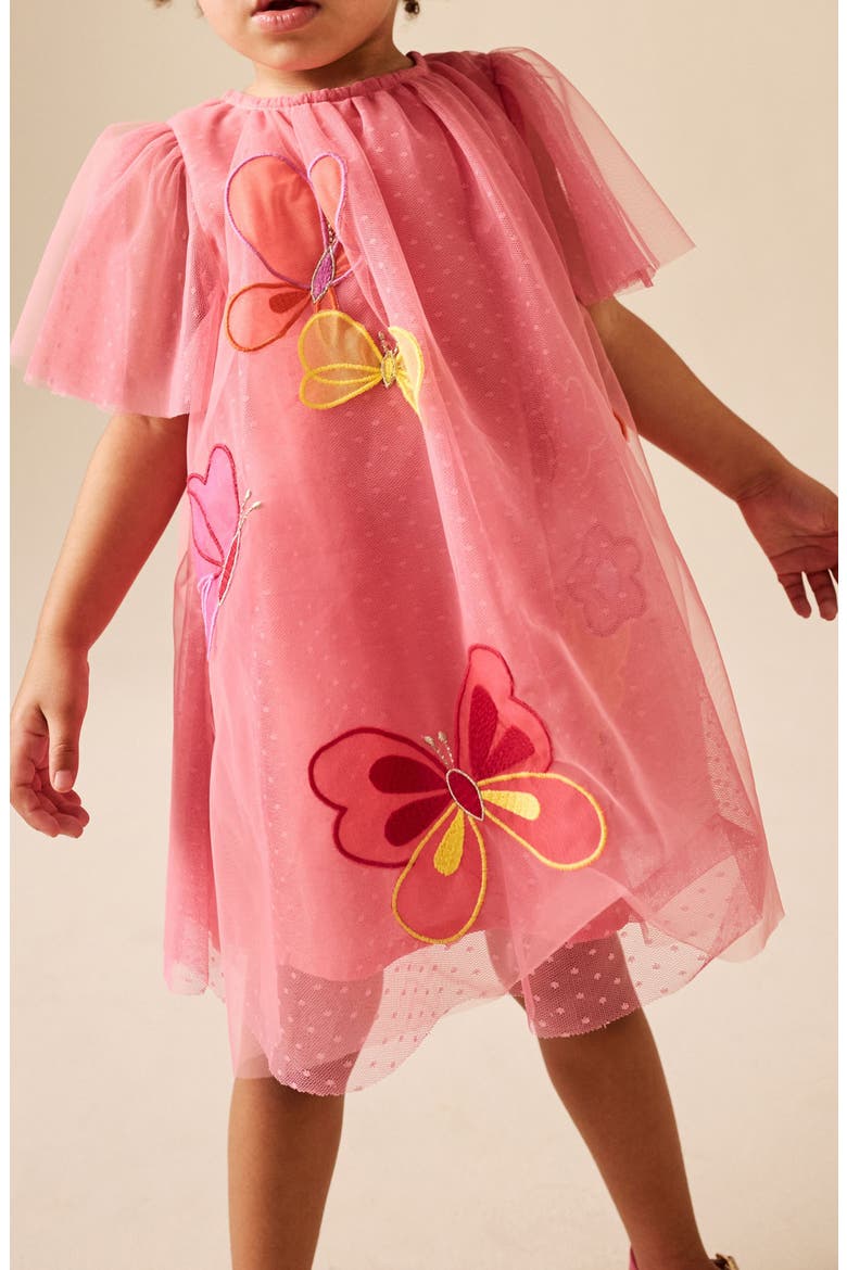 Kids' Butterfly Appliqué Mesh Party Dress, Alternate, color, CORAL BUTTERFLY
