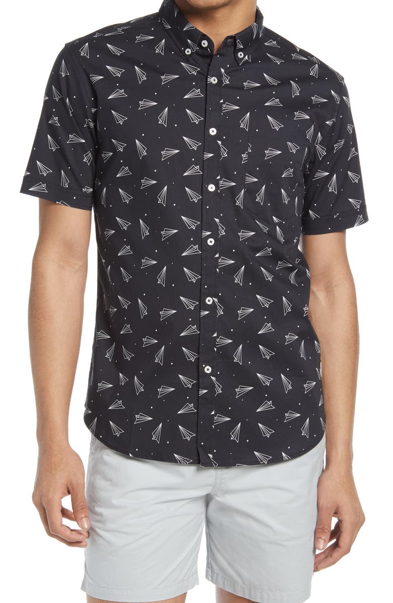 Public Art Paper Airplane Short Sleeve Button-Down Shirt, Main, color,
