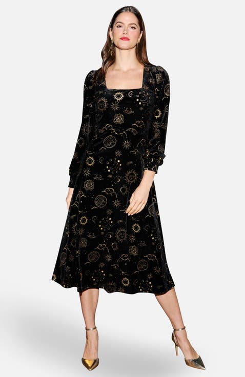 Cosmic Foil Print Midi Dress