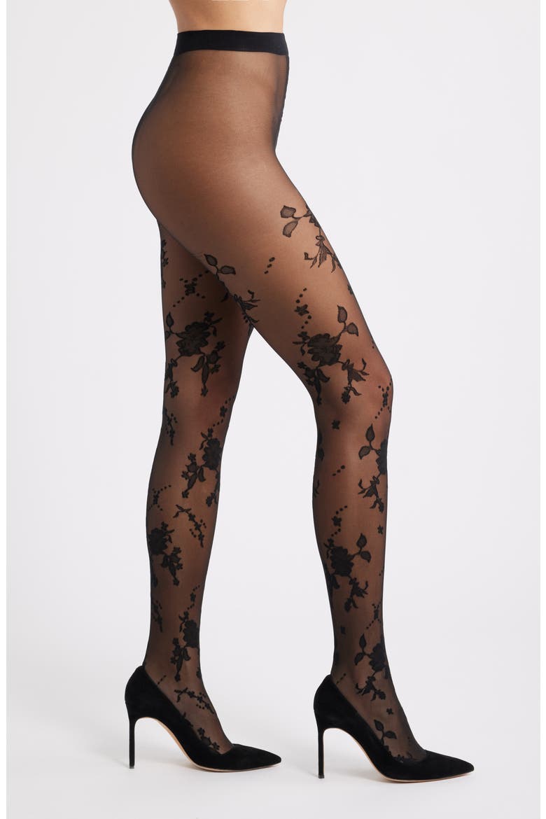 Floral Jacquard Sheer Tights, Main, color, BLACK