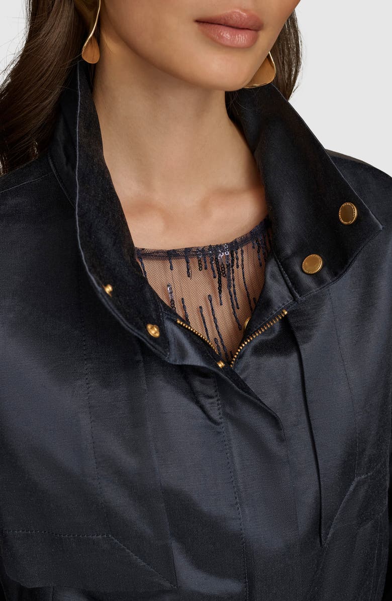 Donna Karan New York Short Cotton Blend Satin Trench Coat, Alternate, color, 