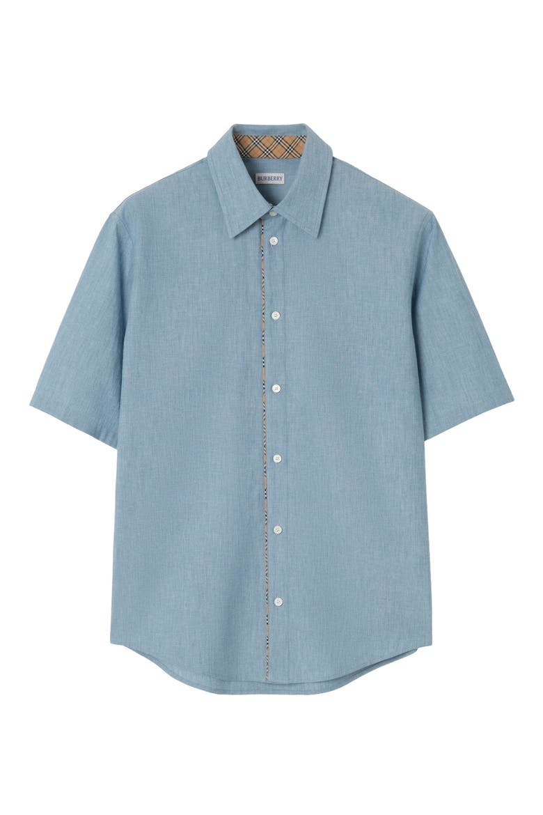 Sam Check Trim Short Sleeve Button-Up Shirt, Alternate, color, STOKE BLUE MELANGE