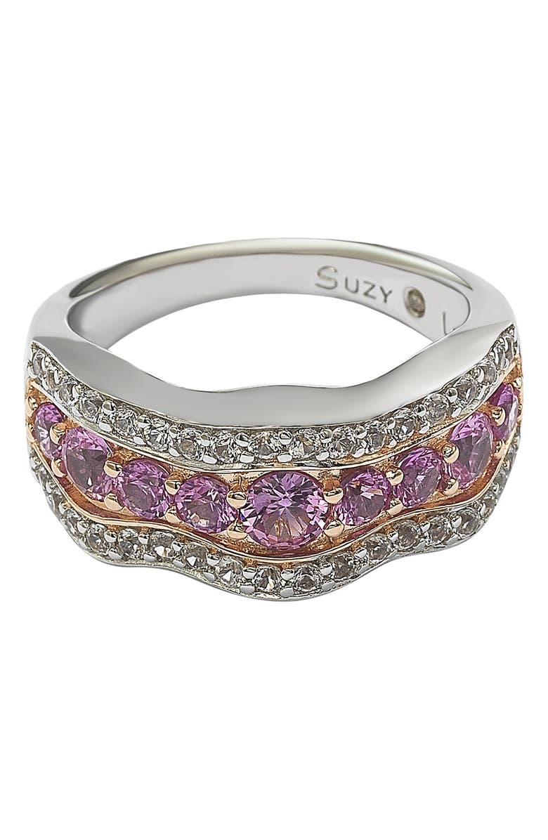 SUZY LEVIAN 18K Gold Plated Sterling Silver Pink & Created White Sapphire Diamond Accent Band Ring - 0.02 ctw, Alternate, color, 