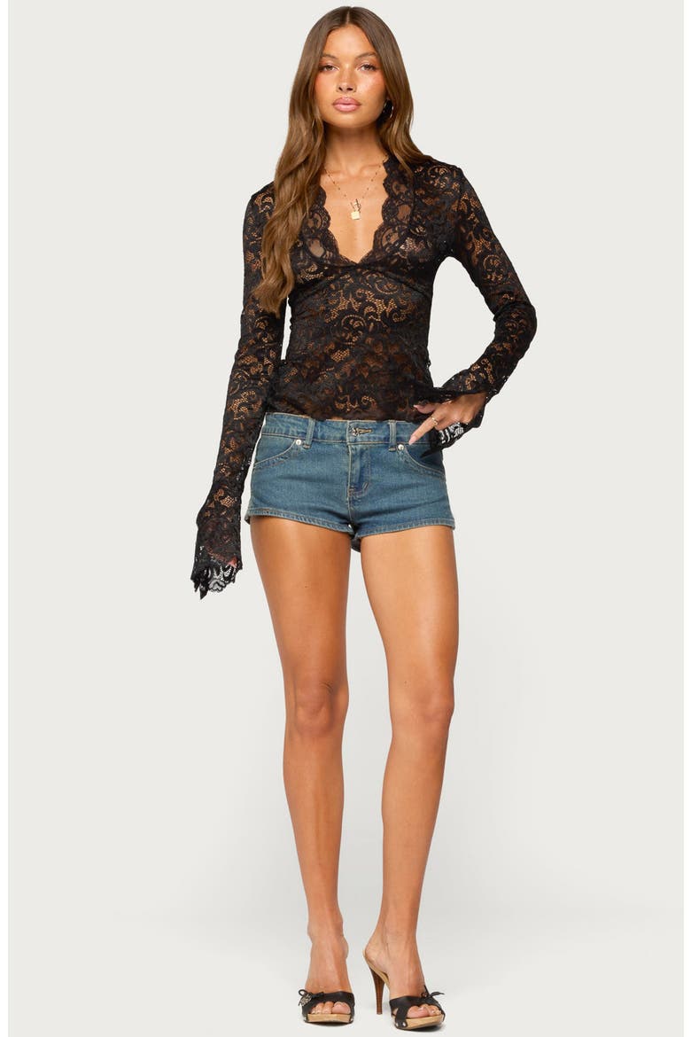 Sheer Lace Bell Sleeve Crop Top, Alternate, color, BLACK
