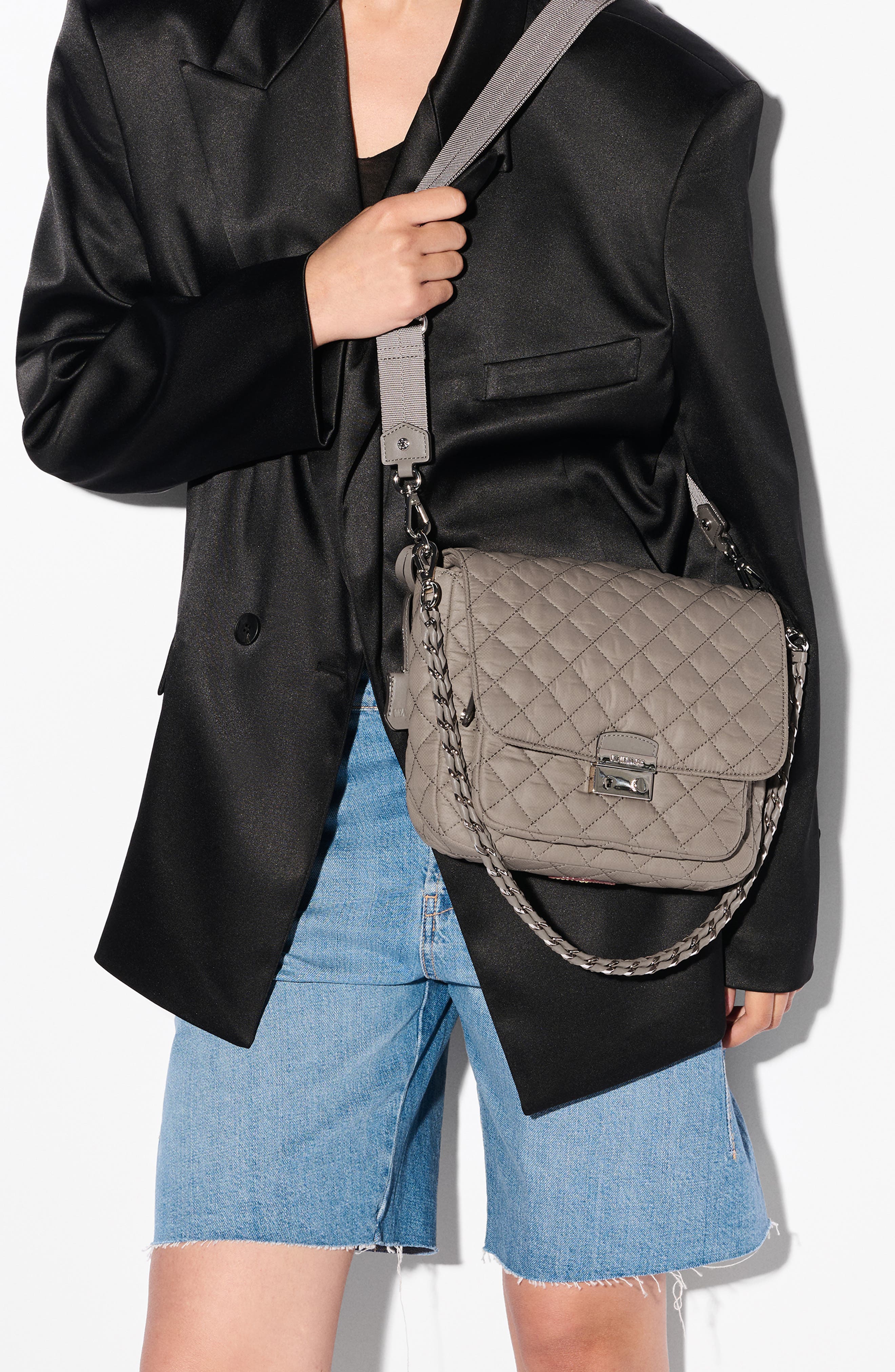 MZ Wallace Medium Crosby Lock Quilted Nylon Crossbody Bag, Alternate, color, Morning Dove