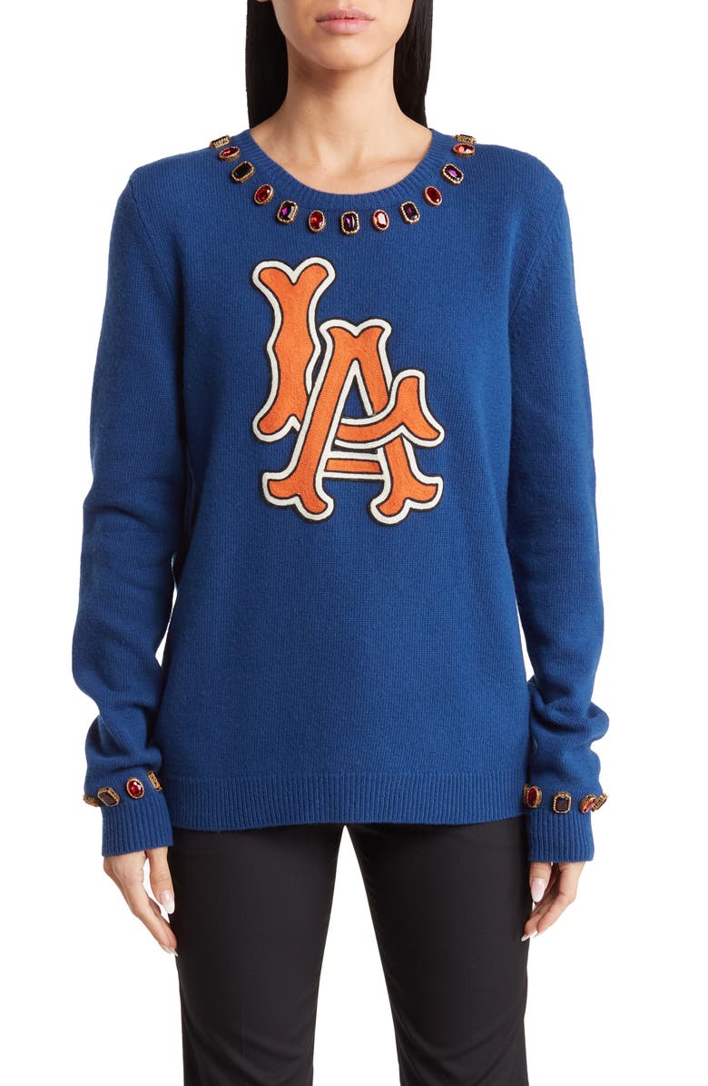 Gucci Jewel Accent LA Wool Pullover, Main, color, Dark Blue